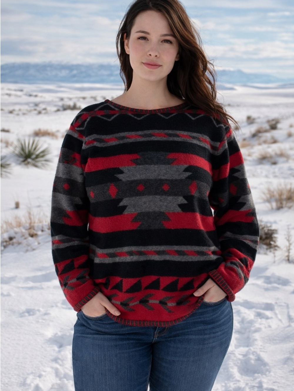 Vintage Jones New York 100% Lambswool Red, Gray,‎ Black SW Geometric Sweater - L